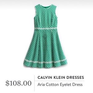 NWT Calvin Klein Green Cotton Eyelet A-Line Dress Size 12
